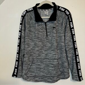 PINK Victoria's Secret Heathered Gray Pullover with Pink Logo Sleeve Tape Size L